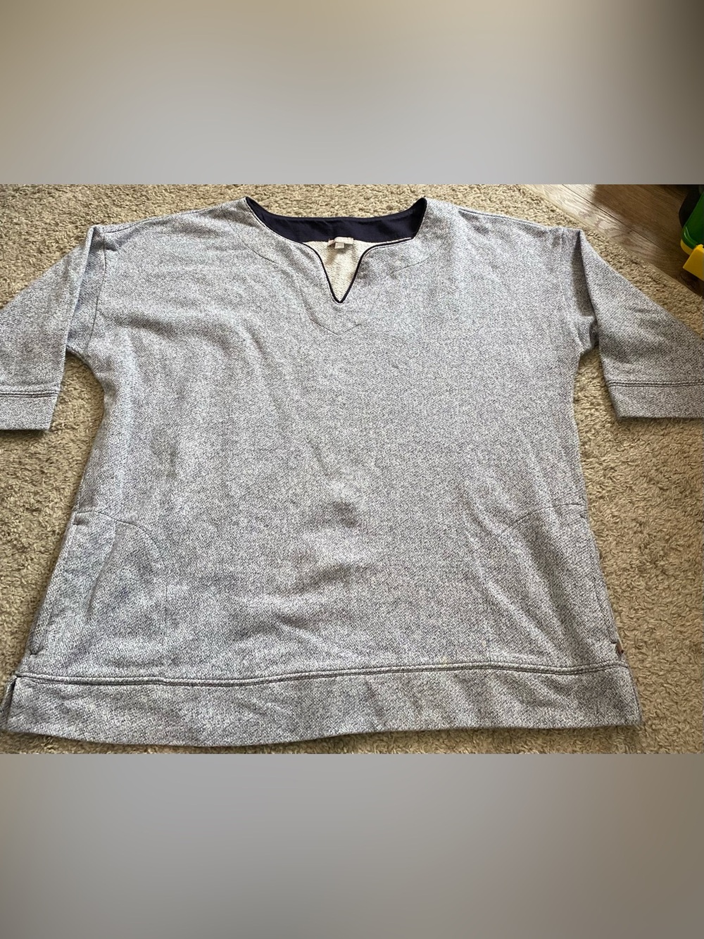 Talbots Heather Gray V-Neck Sweater with Navy Trim